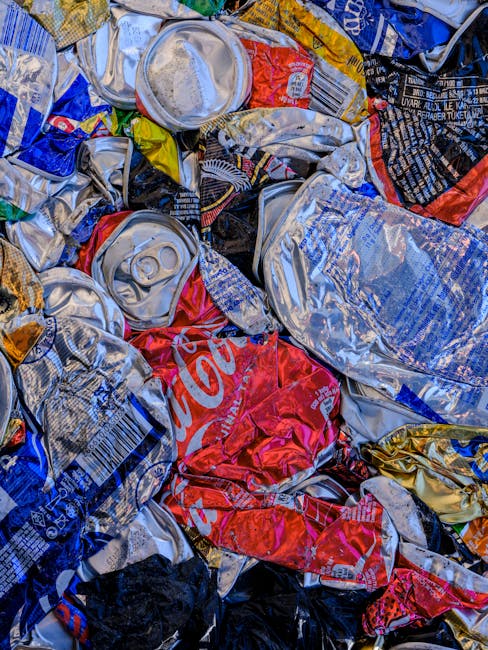 A close-up view of crushed aluminum cans and crumpled plastic bottles, primarily in silver, red, blue, and gold colors, scattered together on a surface that appears to be part of a waste disposal area. The cans show visible pull-tabs and embossed surfaces with signs of compression and deformation, while the plastic bottles exhibit textured surfaces with some labels partially visible. The environment is well-lit, highlighting the reflective and matte finishes of the materials, suggesting the waste might be prepared for recycling or collection. This image depicts typical packaging waste that could be managed through private rubbish removal services such as Waste Disposal Kennington, supporting the idea of on-site clearance or alternative waste handling outside of regular local authority collection methods.